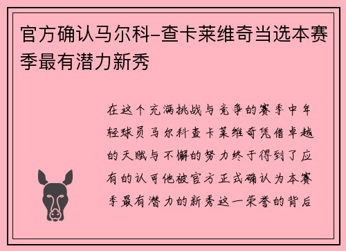 官方确认马尔科-查卡莱维奇当选本赛季最有潜力新秀